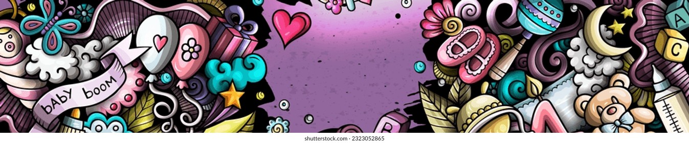 Baby doodle banner. Cartoon vector detailed header. Illustration with Infant objects and symbols. Colorful horizontal background