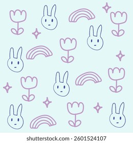 Baby doodle draw style vector with Bunny Flower Rainbow on blue background , simply isolate shape for art design, print, card, gift wrapping, textile, decor, nursary etc.