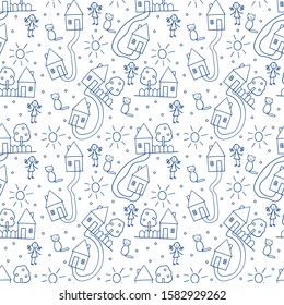  Baby Doodle house, girl, cat, tree on white background. Vector seamless pattern. Hand-drawn children's drawings