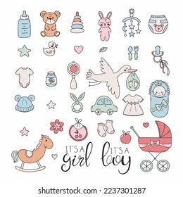 Baby doodle icon. Set of elements. Children stickers.