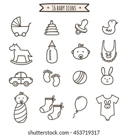 Baby Doodle Icons Set. Cute Symbol Collection For Your Design. Vector Illustration