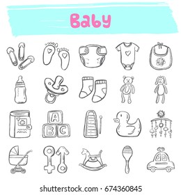 baby doodle icons,hand drawn illustration,baby shower