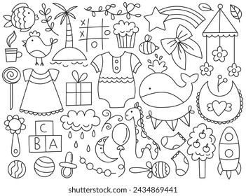 Baby doodle line design elements set for baby shower and nursery print, greeting cards and banners vector illustration. Cute girlish and boyish sketch pattern outline symbols, clothes, gifts