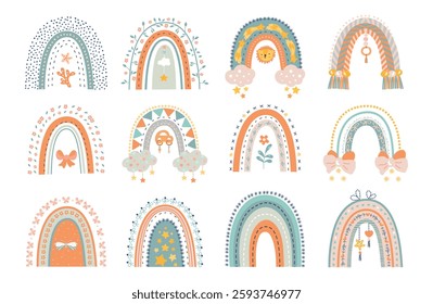 Baby doodle rainbows. Boho style rainbow, scandinavian nursery elements. Clouds, bows and stars, newborn mobile. Stickers nowaday vector design