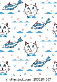 Baby doodle seamless pattern. Hand drawn paint brush stroke, childish images of cat, fish, wave. Cartoon naive cute style. White background.  Vector