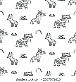 Baby doodles of animal ranch. Seamless pattern with inhabitants of farm: donkey, bull, goat. Cute handwritten rainbows. Black-white childish background. Hand-drawn funny cow. Kind characters smile.