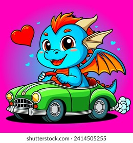 Baby Dragon in a car. Chibi dragon vectors for illustration. Cute dragon with hearts. Little cute cartoon blue baby dragon with horns and wings. Flat Cartoon Style. Funny fantasy character, mythical