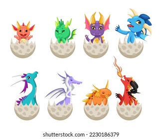 Baby dragon characters in cracked eggs vector illustrations set. Collection of drawings of comic mythical creatures coming out of eggshells isolated on white background. Fantasy, monsters concept