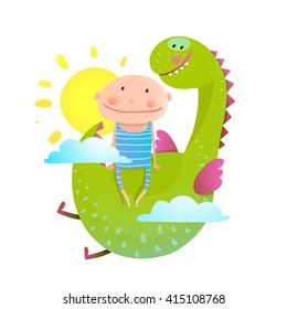 Baby and dragon cloud sun flying happy friends. Baby and dragon friendship. Animal funny monster, young kid cheerful, vector illustration.