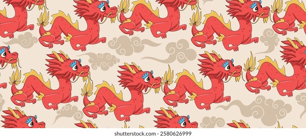 Baby dragon, cute colorful cartoon Chinese Dragons seamless pattern. Kids Сhina Dragons elements. Vector Chinese kids dragon's seamless pattern.