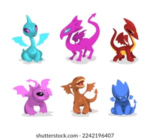 Baby Dragon as Funny Fantastic Creature with Wings Vector Set