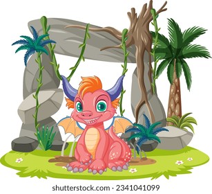 A baby dragon hatching eggs in a natural background