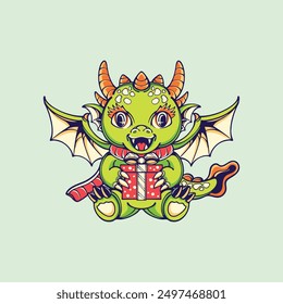 baby dragon is holding a gift box 