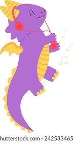 Baby Dragon Listening Music Vector Illustration