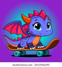 Baby Dragon auf einem Skateboard. Chibi Drachengrafik. Cute Playing Skateboard Cartoon. Jahr des Drachen. Cartoon-Drache. Baby feuert Chibi süße Figur. Fairytale Monster. Flachbildkartonstil