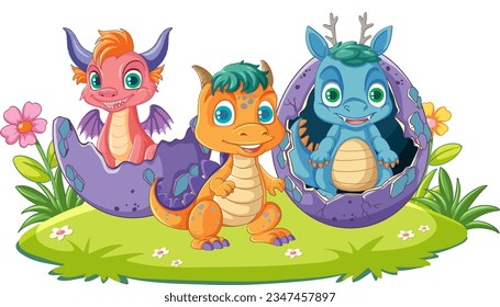 A baby dragon is playing in its egg, surrounded by a nature background