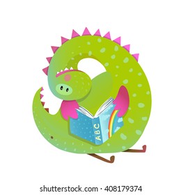 Baby dragon reading book study cute cartoon. Monster for children, funny happy dinosaur drawing. Vector illustration.