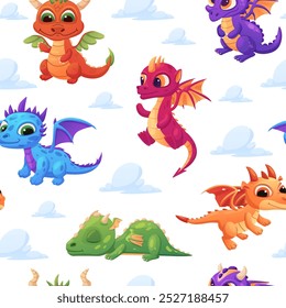 Baby dragon seamless pattern. Funny little dragons in clouds, cute fairy tale monsters creatures. Childish fantasy print template, nowaday vector background