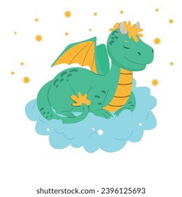 Baby dragon sleeping. Adorable animal illustration. Creative childish vector illustration
