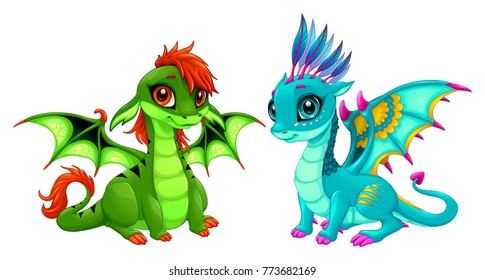 Baby dragons with cute eyes. Cartoon vector isolated characters.