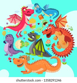 Baby dragons round pattern vector illustration. Cartoon funny dragons with wings. Fairy dinosaurs with pop corn, baloon, flower, book. Character hatching from egg. Magical dinos.