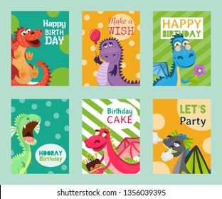 Baby dragons set of birthday or invitation cards or banners vector illustration. Cartoon funny little sitting dragons with wings. Fairy dinosaurs with cake, baloon, flower. Make a wish, hooray.