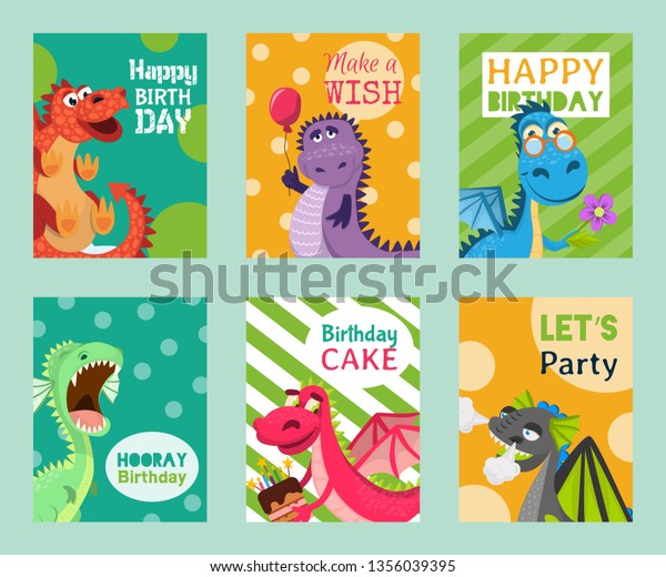 Image Vectorielle De Stock De Bebes Dragons Ensemble De Cartes D Anniversaire