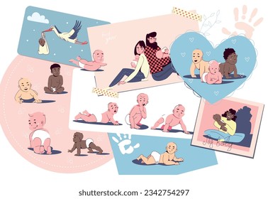 Baby drawing collage composition with cute doodle style characters of young parents and babies on cards vector illustration