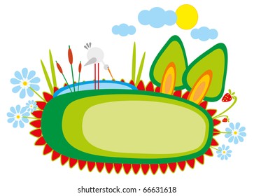 baby drawing - a heron in bulrush, wood with berry and lake