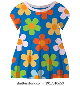 Baby Kleid flacher Vektor. Girl-Kind-Sommerkleidung. Frische Mode-Froschbekleidung mit floralem Muster einzeln auf weißem Hintergrund. Kinderbekleidung