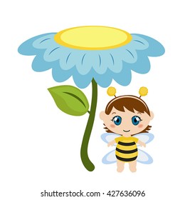 Baby dressed as bee. Background with flower.