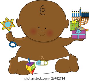 A baby dressed in a diaper and holding presents for Hanukkah