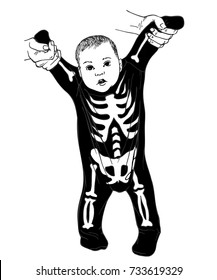 Baby dressed in Halloween costume. Kid, Little baby dressed funny skeleton. Skeleton suit 