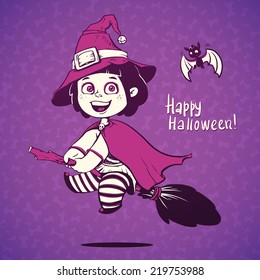 Baby Dressed in a Halloween Witch Costume. Little girl flying on a broom