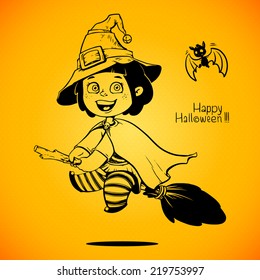 Baby Dressed in a Halloween Witch Costume. Little girl flying on a broom