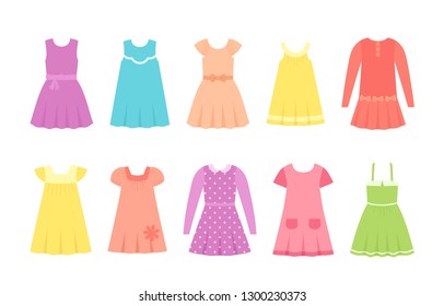 Baby dresses. Vector. Girl clothes. Children clothing set. Kid models. Collection summer garment isolated on white in flat design. Cartoon illustration. Female dress. Cloths for child. Apparel icons.