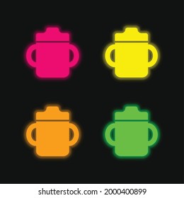 Botella para beber bebé con mango a ambos lados cuatro colores brillante neón vectorial icono