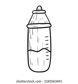 Baby drinking bottle with pacifier, vector isolated doodle illustration.