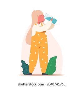 Baby Drinking Clean Water. Little Child Character with Glass in Hands Enjoying Fresh Aqua Drink. Healthy Lifestyle, Summer Refreshment, Thirsty Kids Body Hydration. Cartoon People Vector Illustration