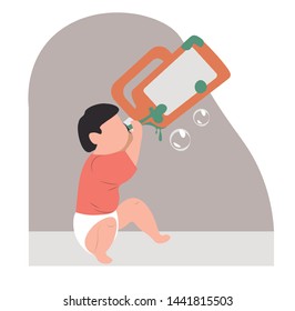 Baby drinking detergent from bottle. Child harming health drinking cleanser. Young boy in nappy risking to be poisoned. Child without parents attention. Irresponsible family concept. Flat vector