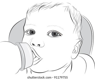 A baby drinking milk from a bottle. EPS 8 vector illustration,