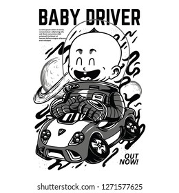 Baby Driver Black and White Illustration