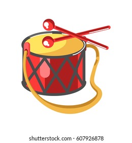 Baby drum with diamond ornament and two red sticks on white background. Kids ringing toy with yellow top and rope. Vector illustration of musical instrument for children in flat design cartoon style.