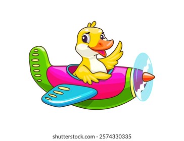 Baby duck pilot on plane, cartoon animal character, vector funny personage for kids. Happy duck pilot flying in colorful propeller airplane and waving Hi or Goodbye for kids zoo animals on planes