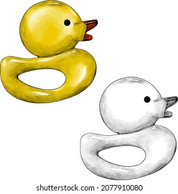 baby duck rodent for teething and swimming, sketch vector graphics monochrome and color illustration on a white background