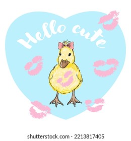 Baby duck with text Hello cute isolated on blue background, duckling and kisses prints