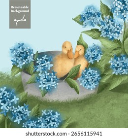 Baby Ducks bathing between hydrangeas