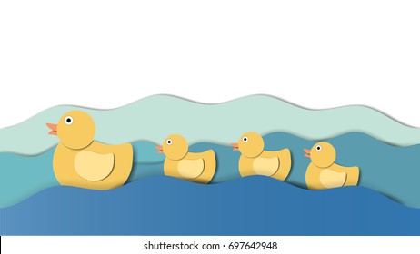 Baby ducks swimming following their mother in the water, paper craft/paper cut style