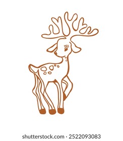 Baby due deer brown stencil.Winter reindeer with horns.Decoration.Vector silhouette outline line art drawing.Happy New Year.Merry Christmas.Plotter laser cutting.Vinyl wall sticker decal.Print.DIY.