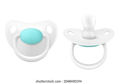 Baby dummy in different projections. Newborn kids care products and items set. Childhood accessories. Nipple, pacifier for infant. Realistic 3d Vector